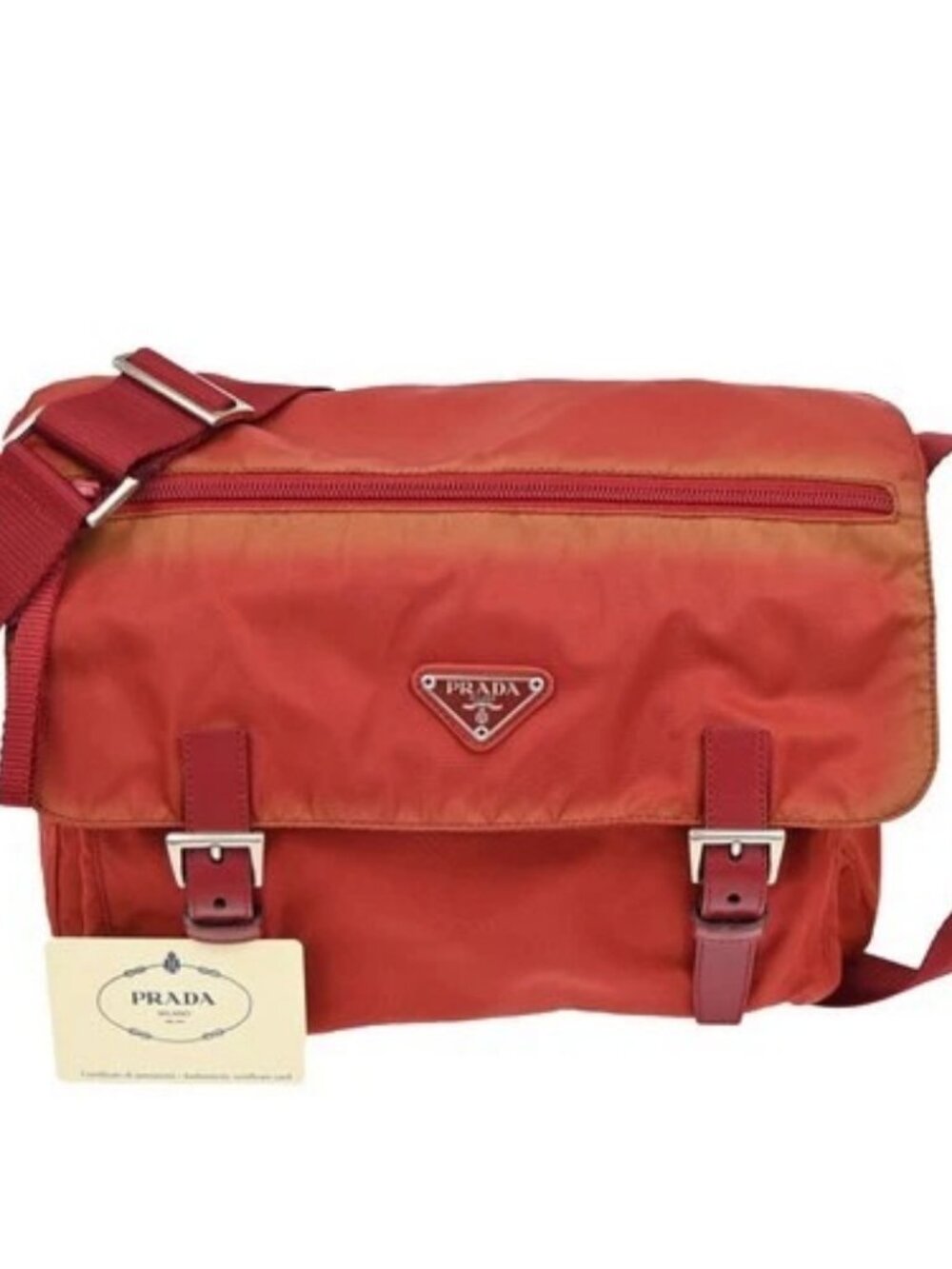 PRADA MILANO Logo Tessuto Hobo Shoulder Messenger Bag Nylon Leather Red 30ZA207
